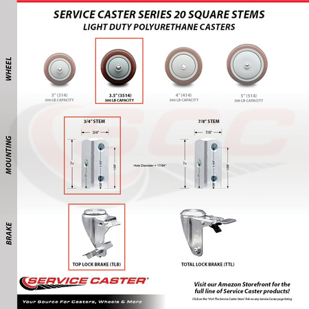 Service Caster 3.5 Inch Maroon Polyurethane Swivel 3/4 Inch Square Stem Caster Brakes SCC, 2PK SCC-SQ20S3514-PPUB-MRN-TLB-34-2-S-2